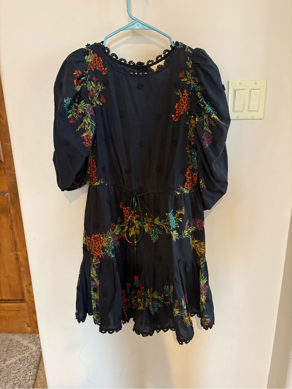Farm Rio, black floral mini cotton dress small puff sleeve EUC